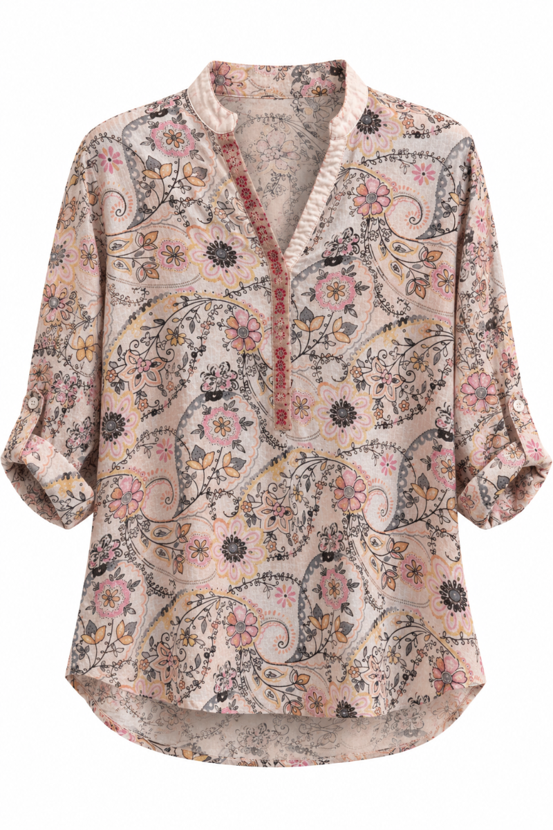 Trestles Clothing Company floral cotton blouse with a mandarin collar, 1/4 button front, and delicate ribbon detail.
